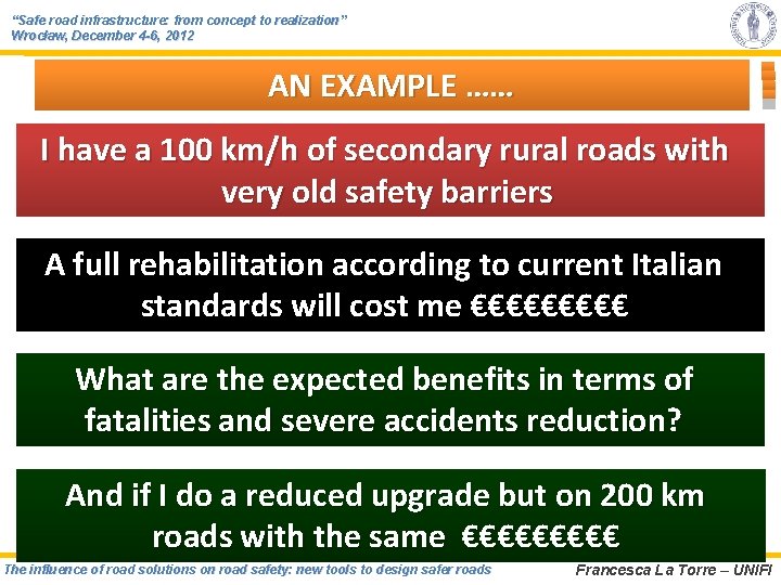 “Safe road infrastructure: from concept to realization” Wrocław, December 4 -6, 2012 AN EXAMPLE