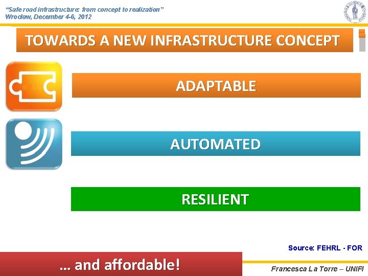 “Safe road infrastructure: from concept to realization” Wrocław, December 4 -6, 2012 TOWARDS A