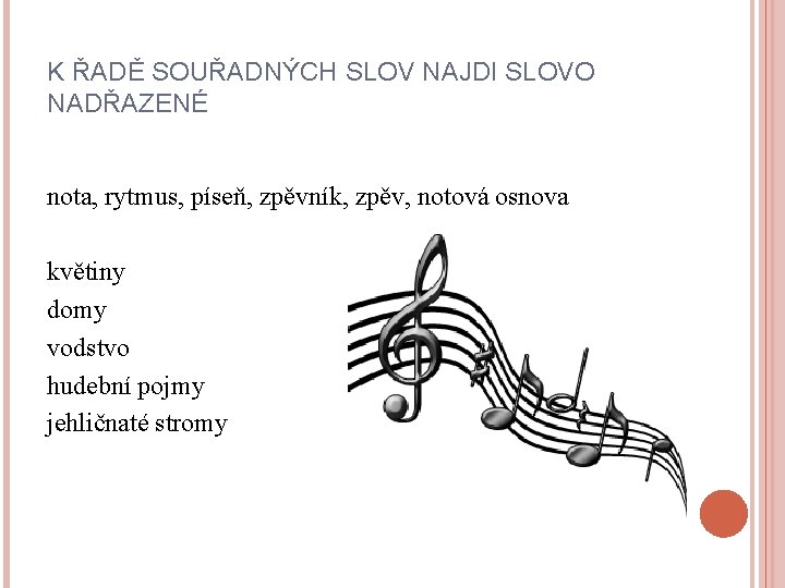 K ŘADĚ SOUŘADNÝCH SLOV NAJDI SLOVO NADŘAZENÉ nota, rytmus, píseň, zpěvník, zpěv, notová osnova