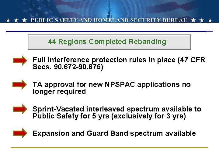 44 Regions Completed Rebanding Full interference protection rules in place (47 CFR Secs. 90.