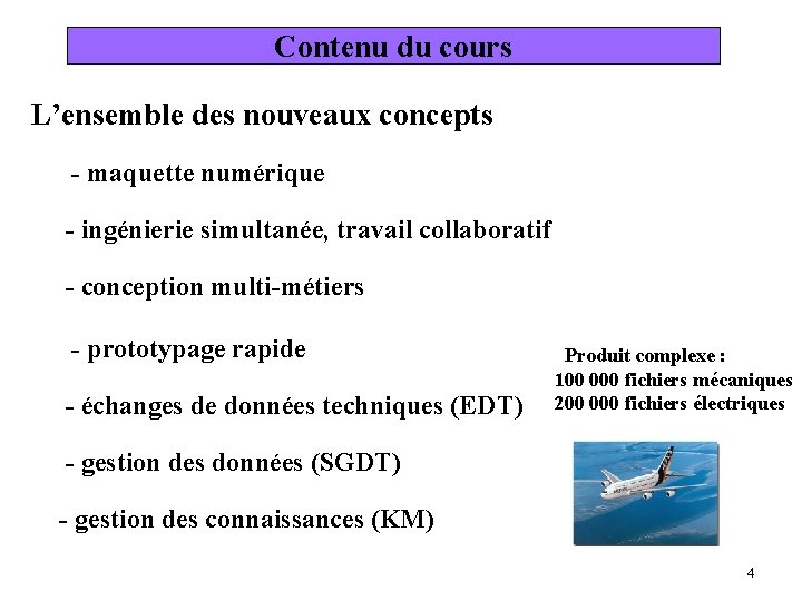 Contenu du cours L’ensemble des nouveaux concepts - maquette numérique - ingénierie simultanée, travail