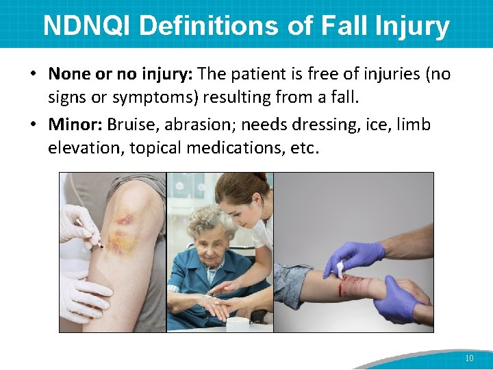 NDNQI Definitions of Fall Injury • None or no injury: The patient is free