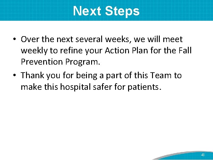 Next Steps • Over the next several weeks, we will meet weekly to refine