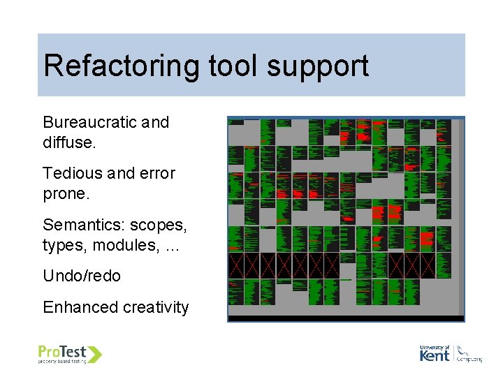 Refactoring tool support Bureaucratic and diffuse. Tedious and error prone. Semantics: scopes, types, modules, Refactoring tool support Bureaucratic and diffuse. Tedious and error prone. Semantics: scopes, types, modules,