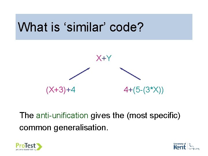 What is ‘similar’ code? X+Y (X+3)+4 4+(5 -(3*X)) The anti-unification gives the (most specific) What is ‘similar’ code? X+Y (X+3)+4 4+(5 -(3*X)) The anti-unification gives the (most specific)