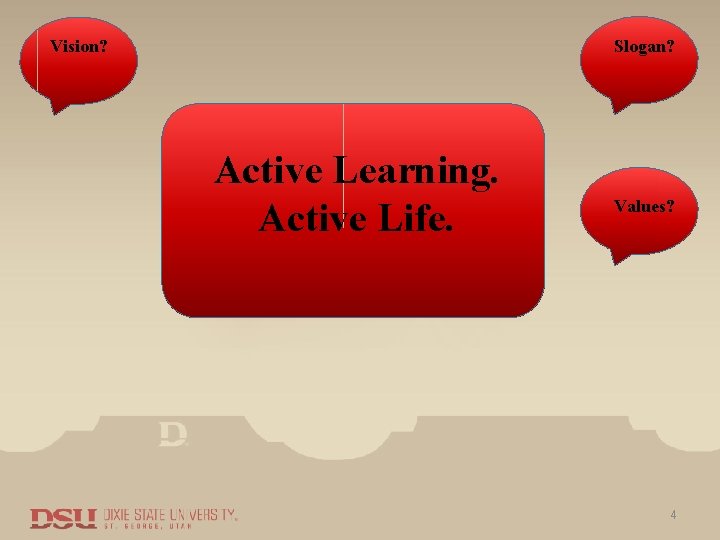 Vision? Slogan? Active Learning. Active Life. Values? 4 
