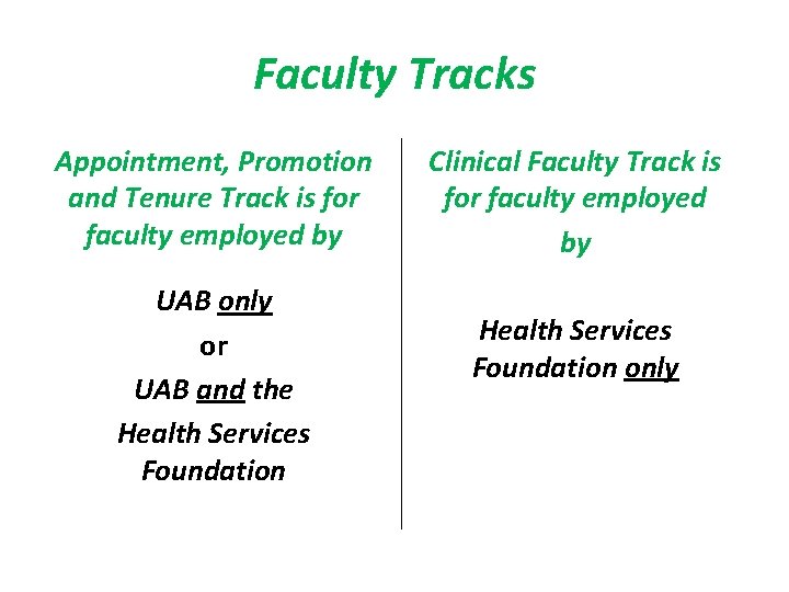 Faculty Tracks Appointment, Promotion and Tenure Track is for faculty employed by UAB only