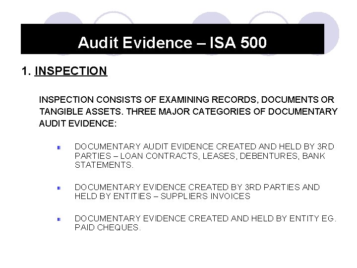 Audit Evidence – ISA 500 1. INSPECTION CONSISTS OF EXAMINING RECORDS, DOCUMENTS OR TANGIBLE