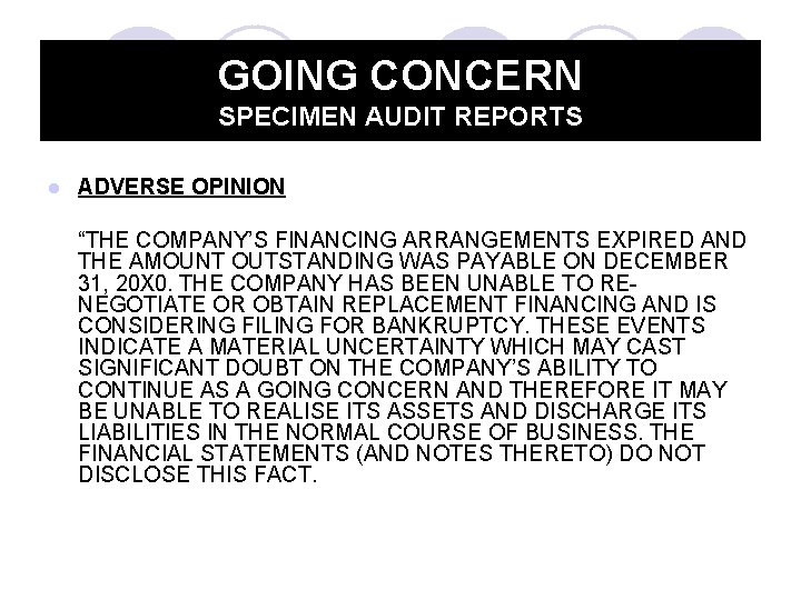 GOING CONCERN SPECIMEN AUDIT REPORTS l ADVERSE OPINION “THE COMPANY’S FINANCING ARRANGEMENTS EXPIRED AND