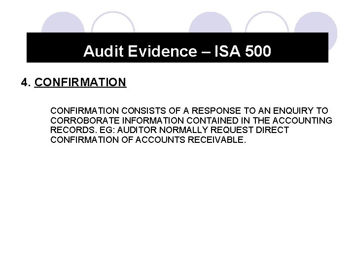 Audit Evidence – ISA 500 4. CONFIRMATION CONSISTS OF A RESPONSE TO AN ENQUIRY