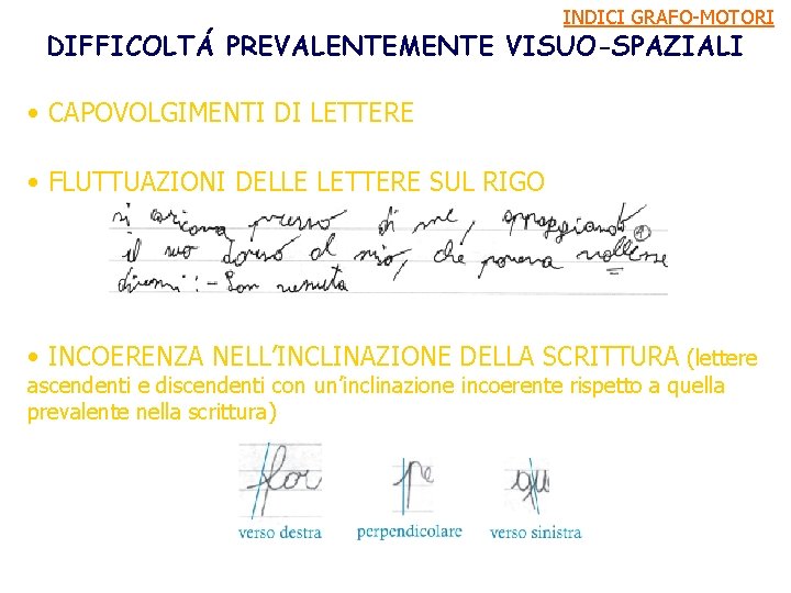 INDICI GRAFO-MOTORI DIFFICOLTÁ PREVALENTEMENTE VISUO-SPAZIALI • CAPOVOLGIMENTI DI LETTERE • FLUTTUAZIONI DELLE LETTERE SUL