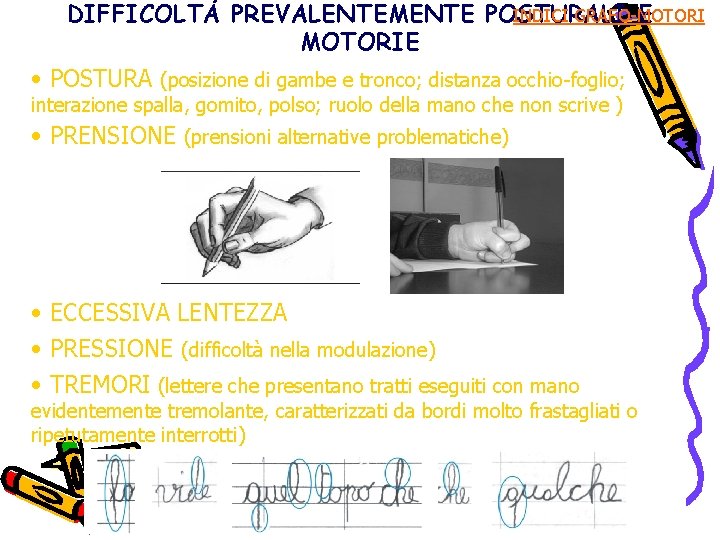 DIFFICOLTÁ PREVALENTEMENTE POSTURALI E INDICI GRAFO-MOTORIE • POSTURA (posizione di gambe e tronco; distanza