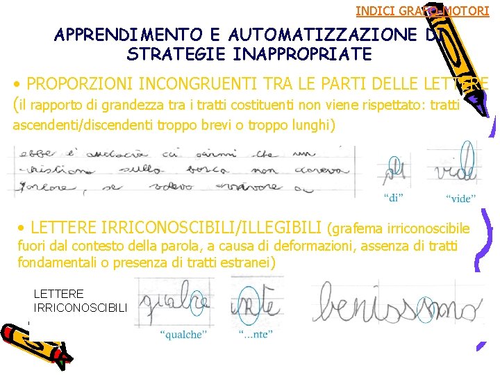 INDICI GRAFO-MOTORI APPRENDIMENTO E AUTOMATIZZAZIONE DI STRATEGIE INAPPROPRIATE • PROPORZIONI INCONGRUENTI TRA LE PARTI