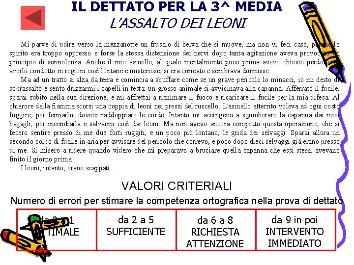 IL DETTATO PER LA 3^ MEDIA L’ASSALTO DEI LEONI Mi parve di udire verso