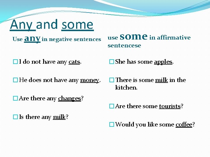 Any and some Use any in negative sentences some in affirmative use sentencese �I