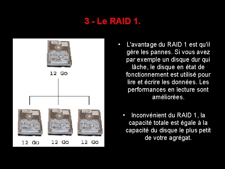 3 - Le RAID 1. • L'avantage du RAID 1 est qu'il gère les