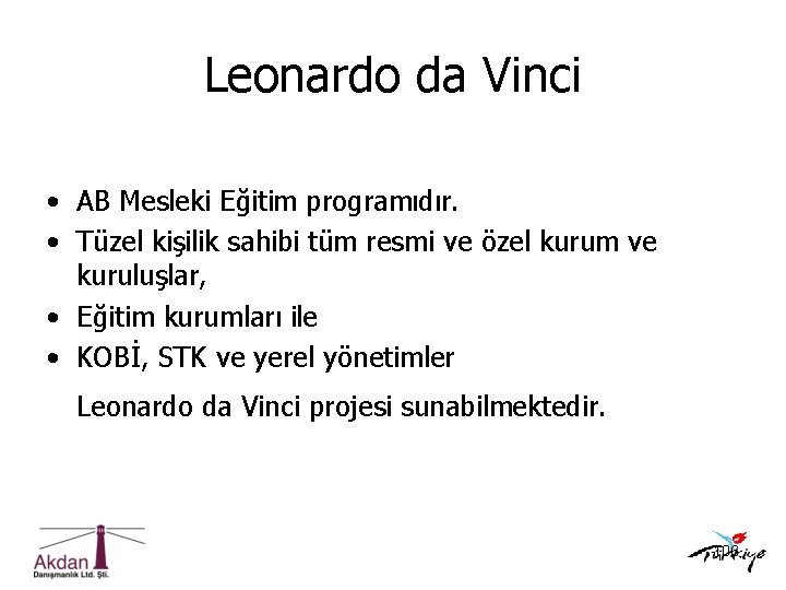 Leonardo da Vinci • AB Mesleki Eğitim programıdır. • Tüzel kişilik sahibi tüm resmi