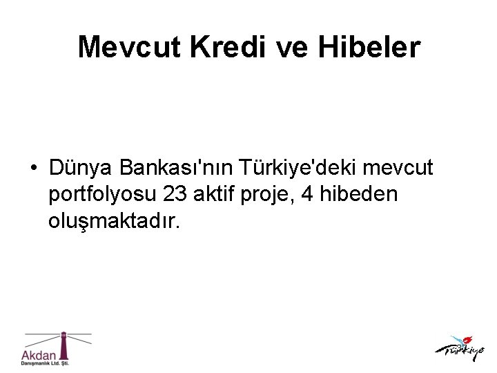 Mevcut Kredi ve Hibeler • Dünya Bankası'nın Türkiye'deki mevcut portfolyosu 23 aktif proje, 4