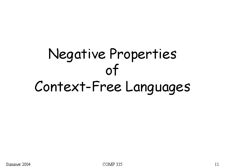 Negative Properties of Context-Free Languages Summer 2004 COMP 335 11 