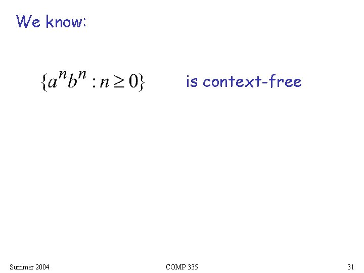 We know: is context-free Summer 2004 COMP 335 31 