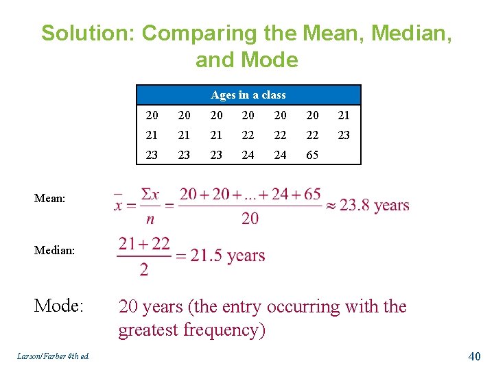 Solution: Comparing the Mean, Median, and Mode Ages in a class 20 20 20