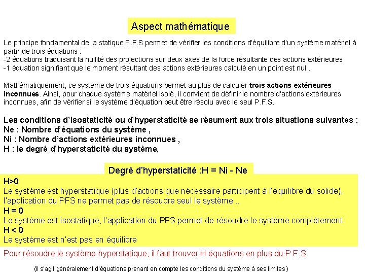 Aspect mathématique Le principe fondamental de la statique P. F. S permet de vérifier Aspect mathématique Le principe fondamental de la statique P. F. S permet de vérifier