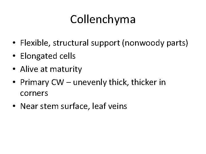 Collenchyma Flexible, structural support (nonwoody parts) Elongated cells Alive at maturity Primary CW –