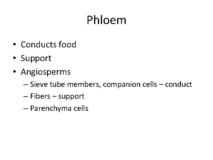 Phloem • Conducts food • Support • Angiosperms – Sieve tube members, companion cells