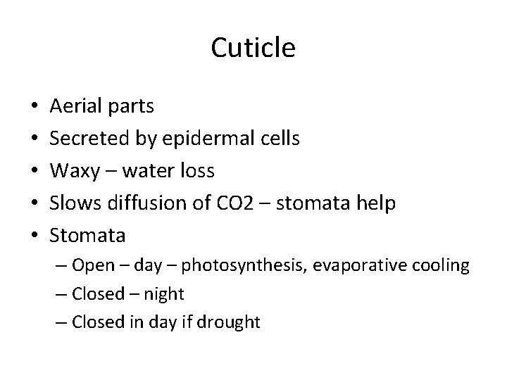 Cuticle • • • Aerial parts Secreted by epidermal cells Waxy – water loss