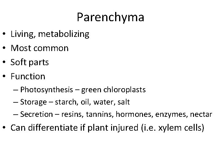 Parenchyma • • Living, metabolizing Most common Soft parts Function – Photosynthesis – green