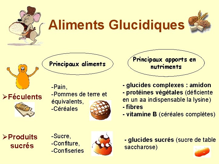 Aliments Glucidiques Principaux aliments Principaux apports en nutriments Féculents -Pain, -Pommes de terre et