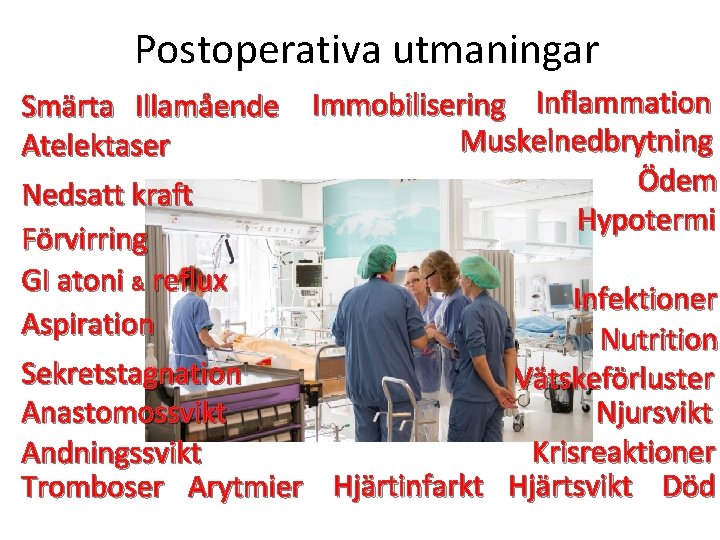 Postoperativa utmaningar Smärta Illamående Immobilisering Inflammation Muskelnedbrytning Atelektaser Ödem Nedsatt kraft Hypotermi Förvirring GI