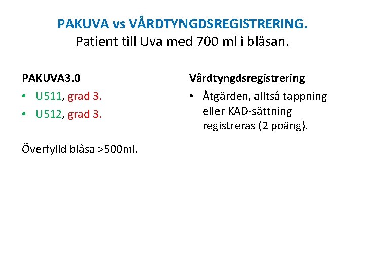 PAKUVA vs VÅRDTYNGDSREGISTRERING. Patient till Uva med 700 ml i blåsan. PAKUVA 3. 0