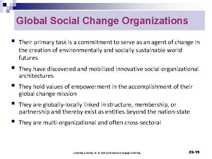 Global Social Change Organizations § Their primary task is a commitment to serve as
