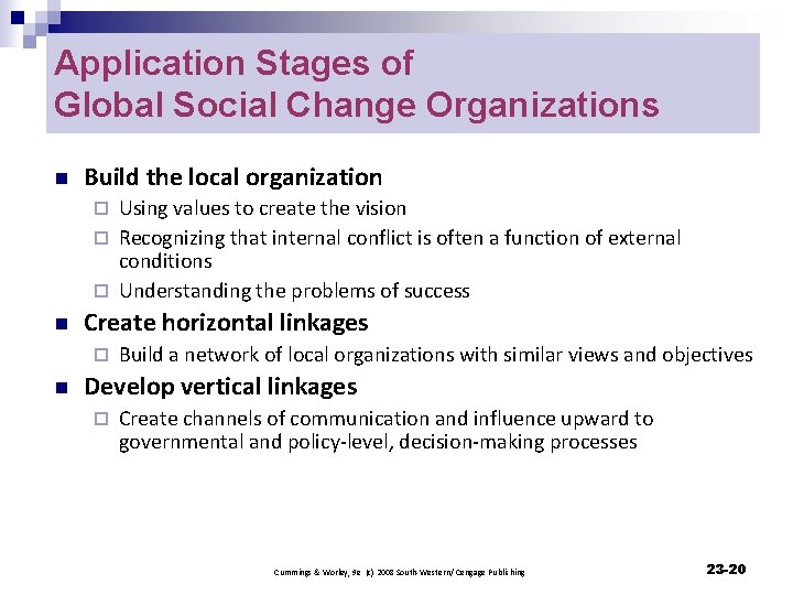 Application Stages of Global Social Change Organizations n Build the local organization Using values
