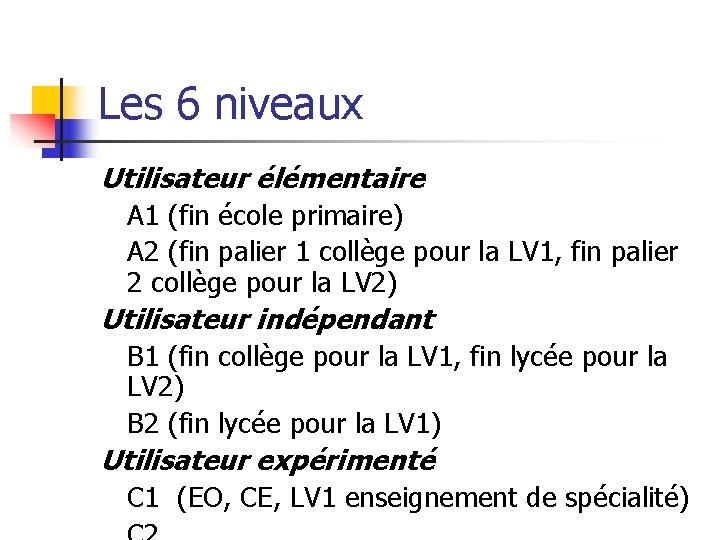 Les 6 niveaux Utilisateur élémentaire A 1 (fin école primaire) A 2 (fin palier