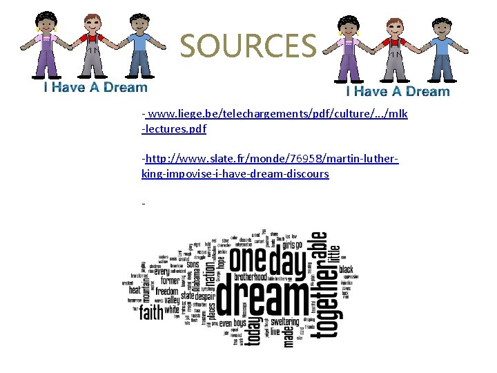 SOURCES - www. liege. be/telechargements/pdf/culture/. . . /mlk -lectures. pdf -http: //www. slate. fr/monde/76958/martin-lutherking-impovise-i-have-dream-discours