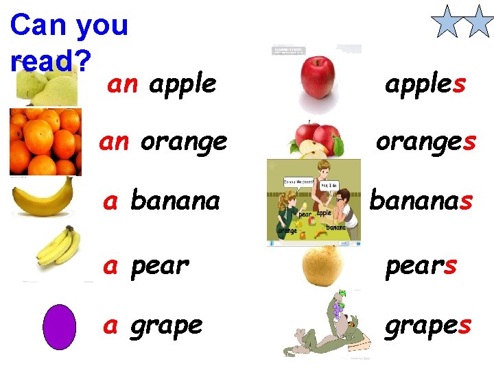 Can you read? an apples an oranges a bananas a pears a grapes 