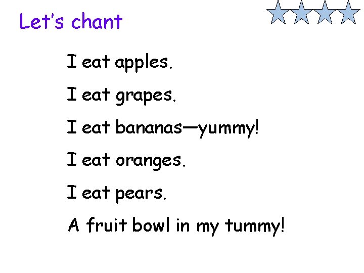 Let’s chant I eat apples. I eat grapes. I eat bananas—yummy! I eat oranges.