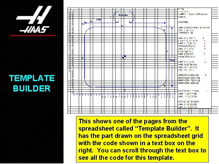 TEMPLATE BUILDER This shows one of the pages from the spreadsheet called “Template Builder”.