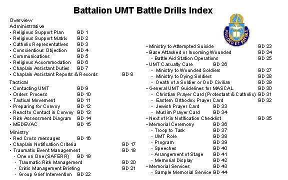 Battalion UMT Battle Drills Index Overview Administrative BD # • Religious Support Plan BD