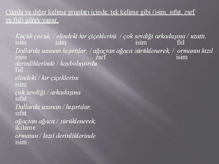 Cümle ve diğer kelime grupları içinde, tek kelime gibi (isim, sıfat, zarf ve fiil)