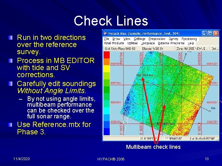 Check Lines Run in two directions over the reference survey. Process in MB EDITOR