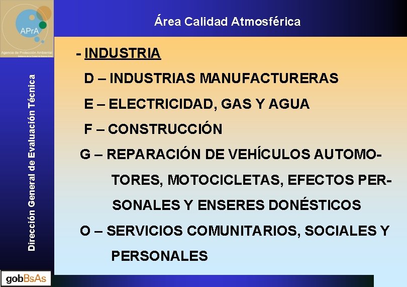 Área Calidad Atmosférica Dirección General de Evaluación Técnica - INDUSTRIA D – INDUSTRIAS MANUFACTURERAS