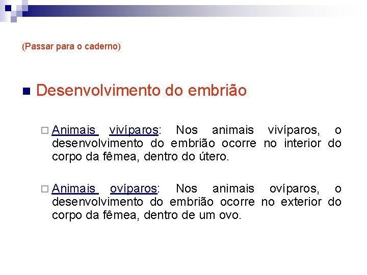 (Passar para o caderno) n Desenvolvimento do embrião ¨ Animais vivíparos: Nos animais vivíparos,