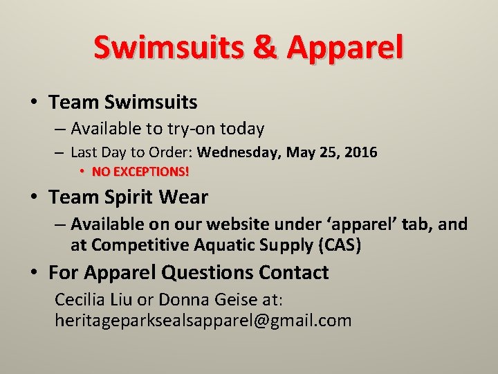 Swimsuits & Apparel • Team Swimsuits – Available to try-on today – Last Day