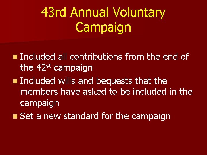 43 rd Annual Voluntary Campaign n Included all contributions from the end of the 43 rd Annual Voluntary Campaign n Included all contributions from the end of the