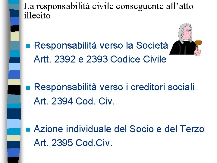 La responsabilità civile conseguente all’atto illecito n Responsabilità verso la Società Artt. 2392 e
