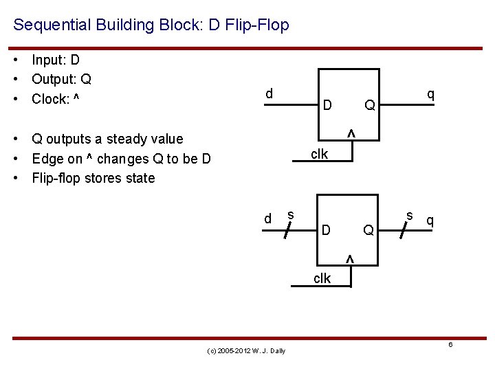 Sequential Building Block: D Flip-Flop • Input: D • Output: Q • Clock: ^