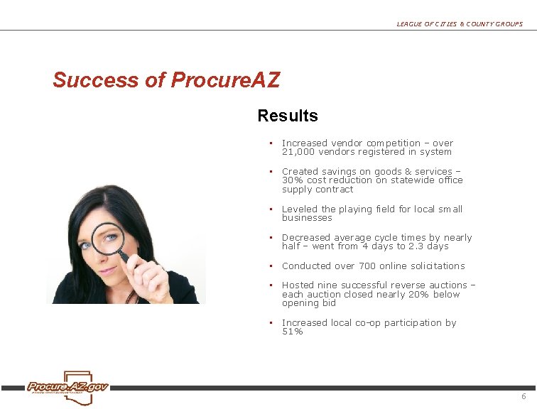 LEAGUE OF CITIES & COUNTY GROUPS Success of Procure. AZ Results • Increased vendor